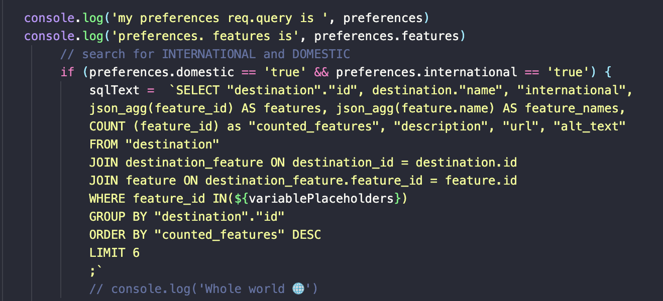 an image of SQL query text which selects destinations based on internationa and domestic both being true, as well as the preferences the user selected